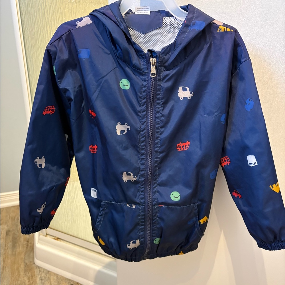 Kids Waterproof Hooded Jacket - Navy with Multicolor Vehicle Print